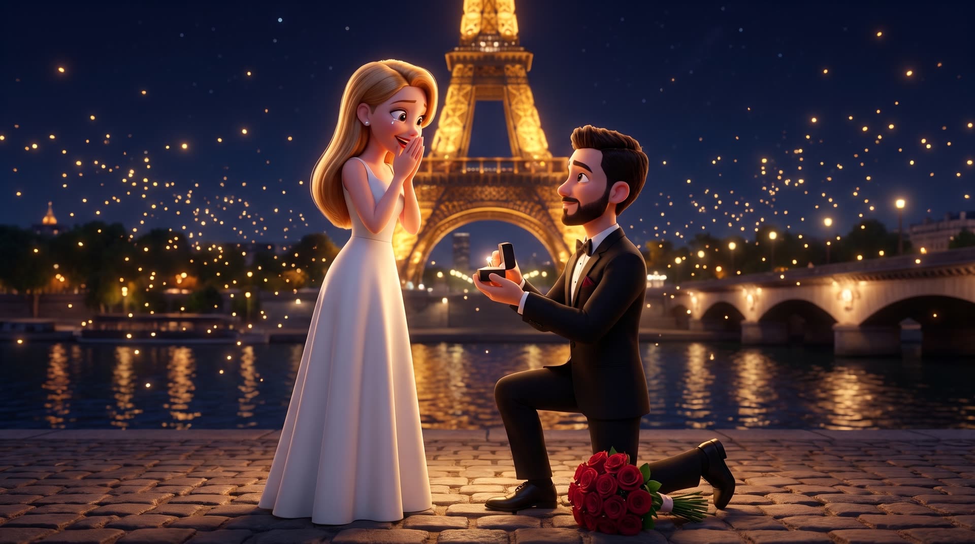 Felipe ajoelhado diante de Luisa, com a Torre Eiffel iluminada ao fundo